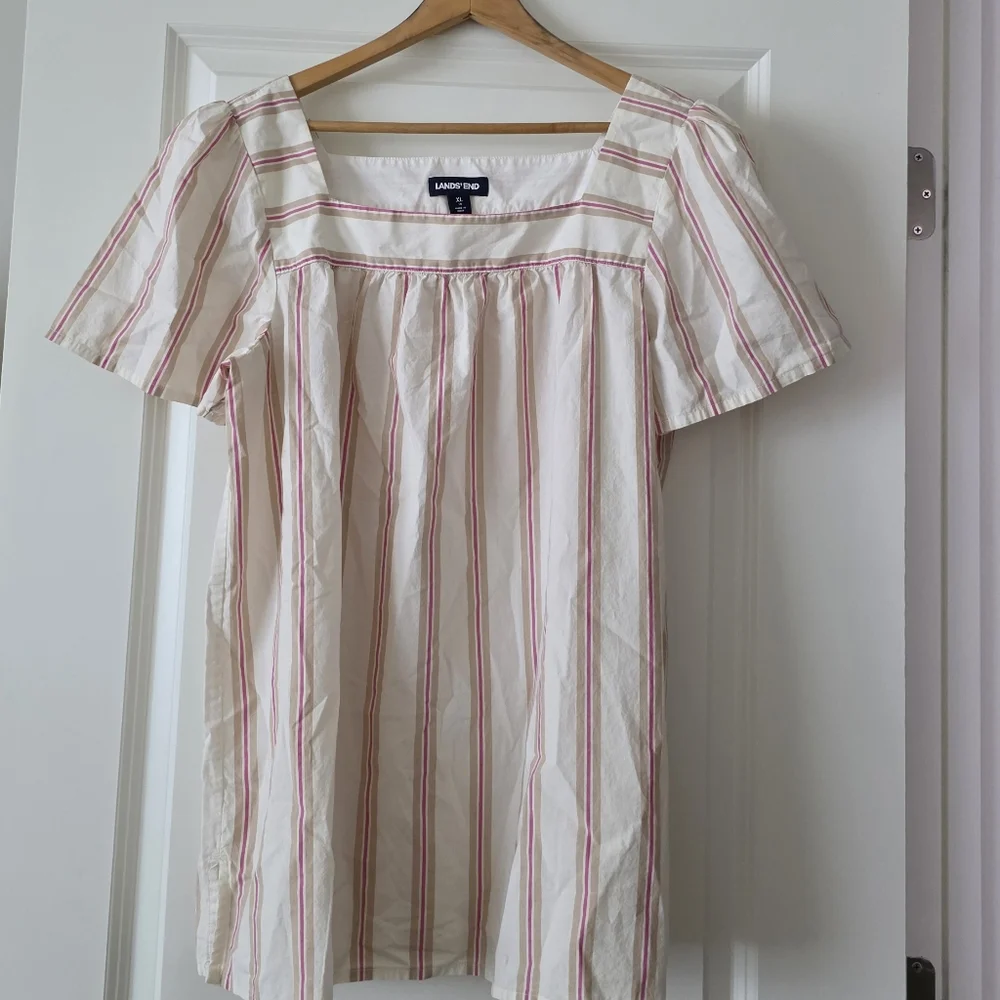 Land's End Striped Cotton Square Neck Blouse Womens Size XL Cream Cottage Core - Picture 2 of 7